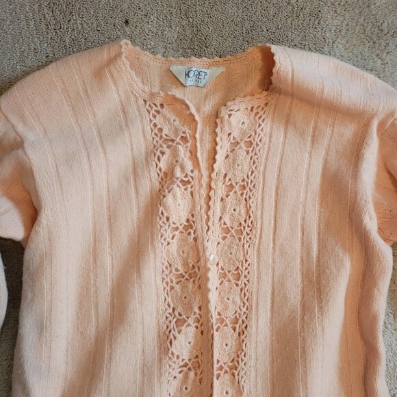 ❤️ 3 for $35 VINTAGE koret crochet afghan trim cardigan sweater peach medium - Picture 3 of 8